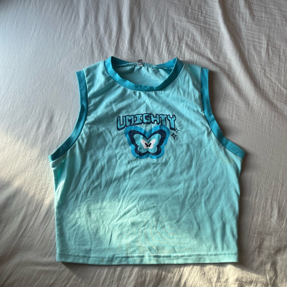 O-Mighty Light Blue Crop Top with Butterfly Design